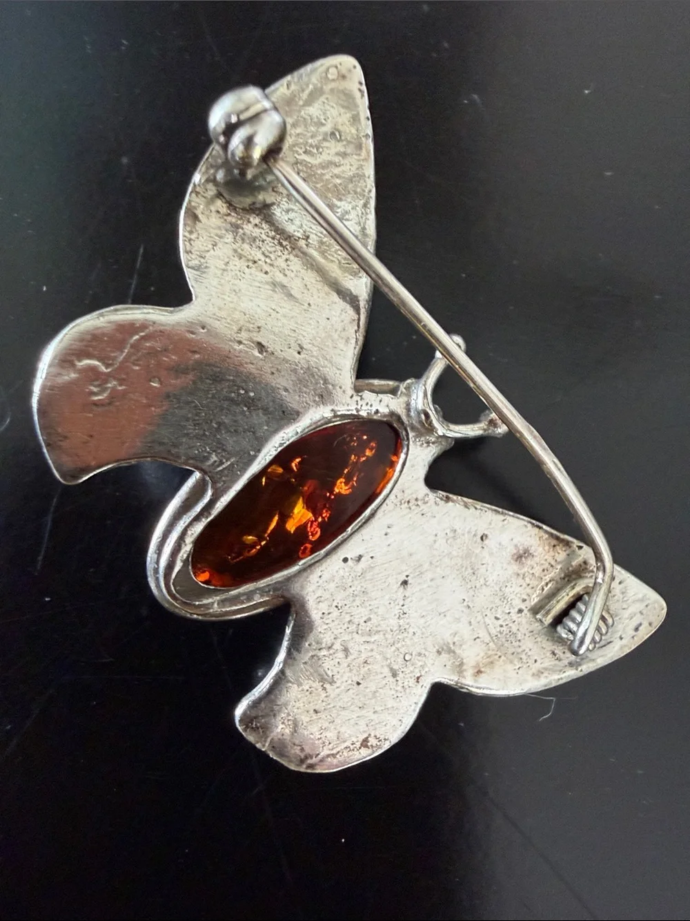 Vintage Amber Silver Moth Butterfly Pin